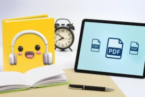 A-stylized-open-Suneung-English-textbook-with-headphones-and-a-tablet-on-a-desk,-representing-study.