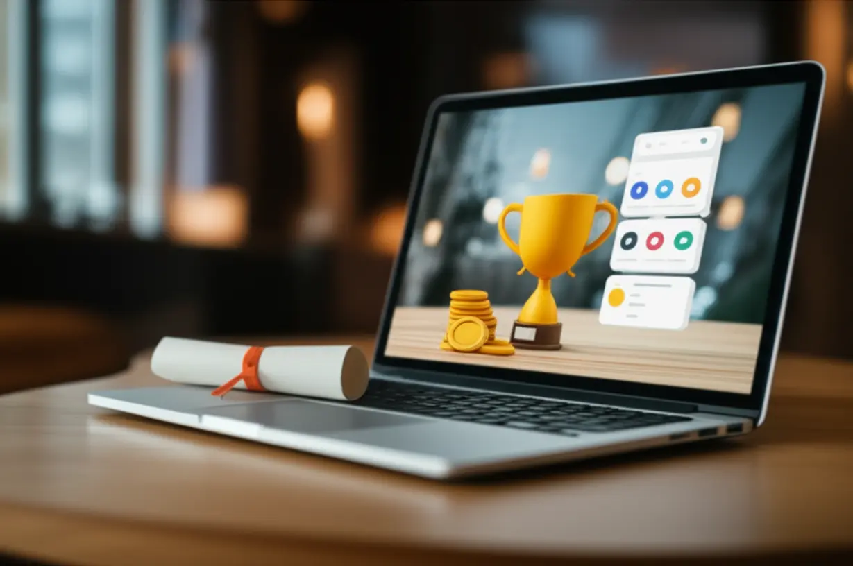 A-trophy,-coins,-and-a-certificate-represent-the-benefits-of-participating-in-a-supporter-program,-alongside-social-media-content-creation.