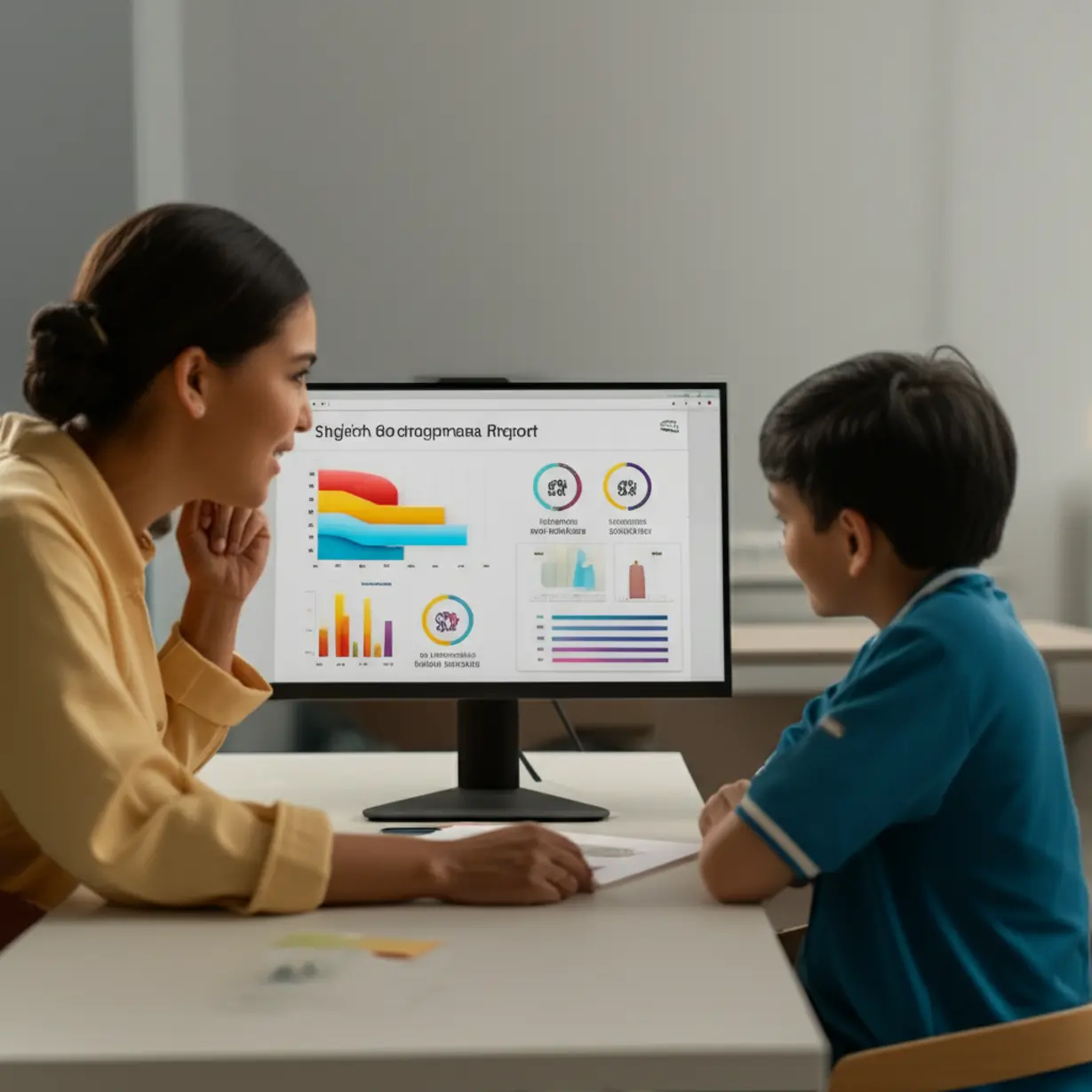 부모와-중학생이-큰-모니터로-디지털-학습-진도-보고서를-검토하는-모습.-화면에는-영어-문법-학습-성과를-나타내는-그래프와-차트,-다양한-리포트-아이콘과-통계가-표시되어-있으며,-부모와-학생이-긍정적으로-대화하고-있다.