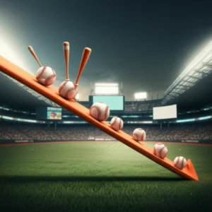 A-cute-3D-illustration-of-baseball-elements-metaphorically-sliding-down-a-slope,-representing-the-DTD-phenomenon.