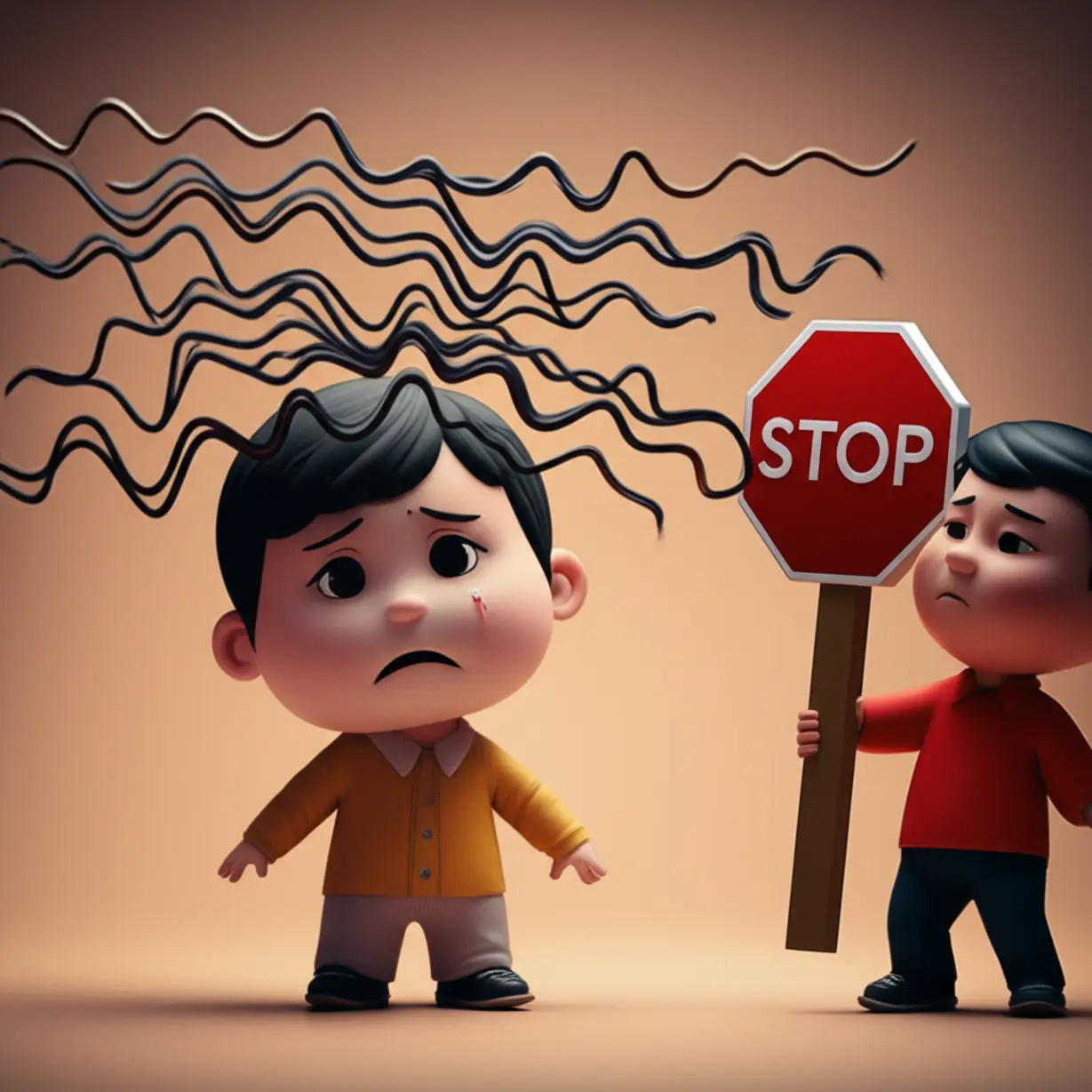 Cartoon-character-with-Asian-features-looking-confused-by-jumbled-sounds,-with-another-character-showing-a-