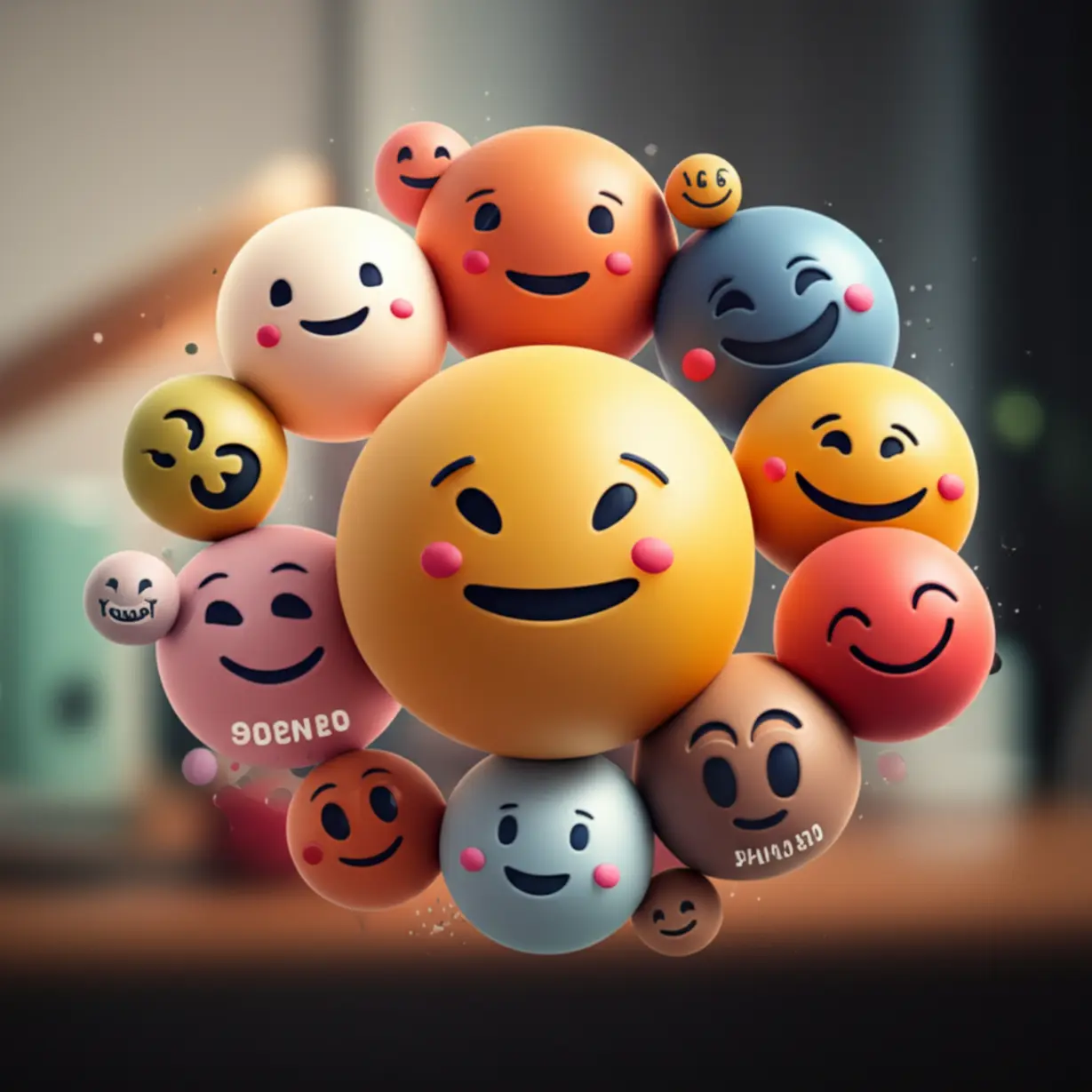 Stylized-happy-faces-with-cute-English-words-and-a-glowing-aura,-representing-positive-energy-and-warmth-in-everyday-life.