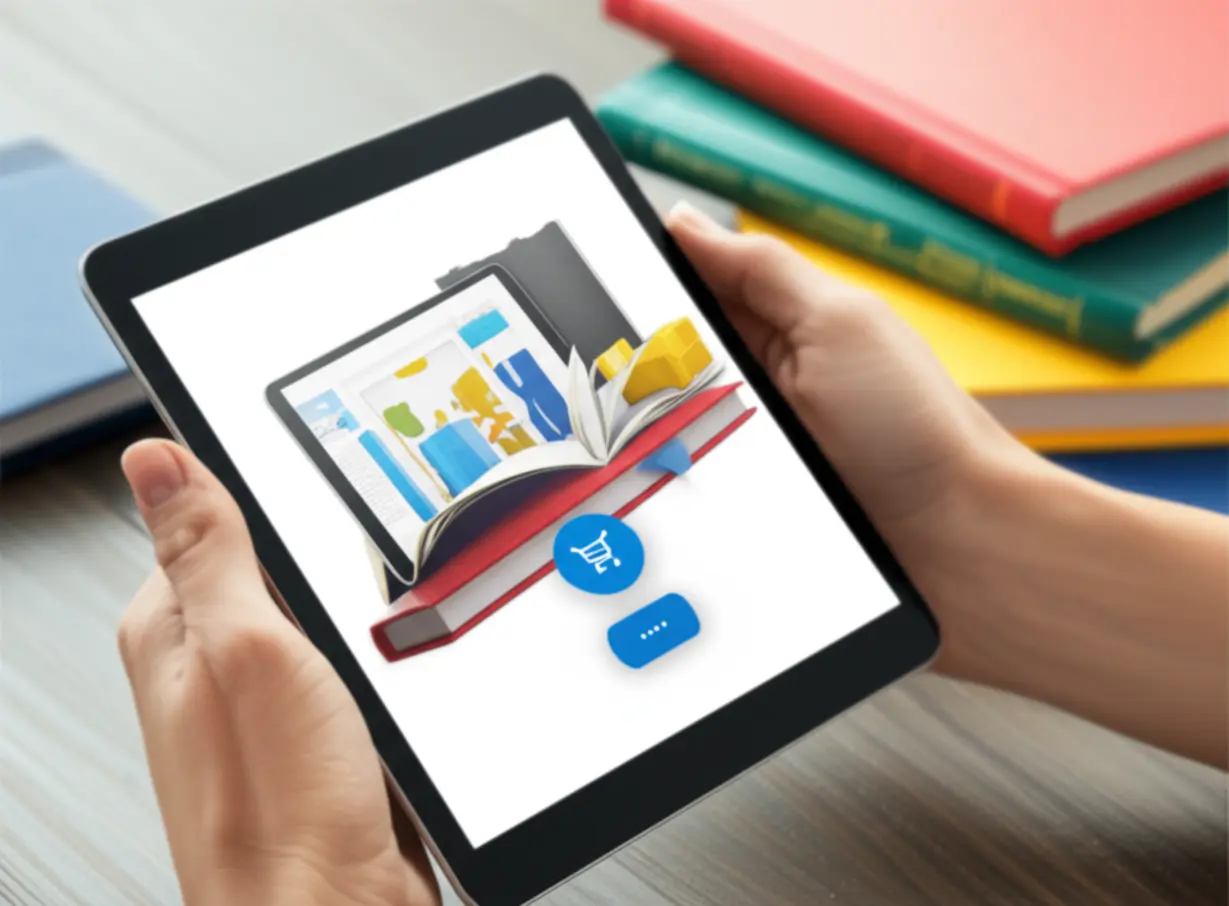 온라인-서점-앱이-켜진-태블릿을-들고-있는-손과-주변에-놓인-영어-원서-책들