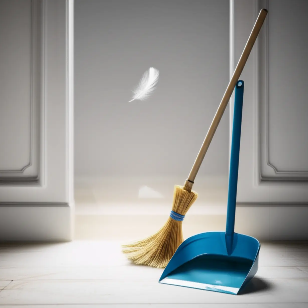 A-3D-image-of-a-clean-room-with-cleaning-tools-and-a-floating-feather,-symbolizing-a-respectful-farewell-and-spiritual-cleansing-after-a-lonely-death.-The-scene-is-serene-and-dignified.