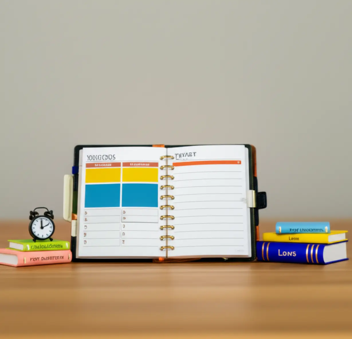 An-open-two-week-study-planner-with-color-coded-sections-for-different-subjects,-surrounded-by-small-books-representing-calculations,-past-questions,-and-laws,-illustrating-an-organized-study-plan.