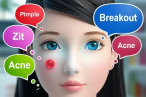 A-3D-illustration-showing-a-stylized-face-with-a-small-red-pimple,-surrounded-by-speech-bubbles-containing-the-English-words-'Pimple',-'Zit',-'Acne',-'Breakout',-signifying-learning.