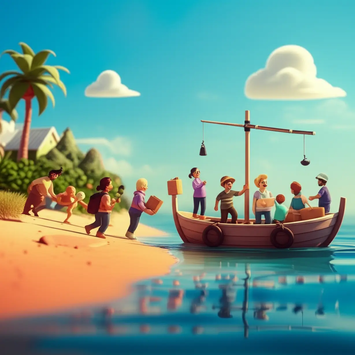 A-small,-stylized-boat-arriving-at-a-shore,-with-diverse-cartoon-characters-warmly-welcoming-new-arrivals-and-helping-with-belongings,-symbolizing-support-for-immigrants.