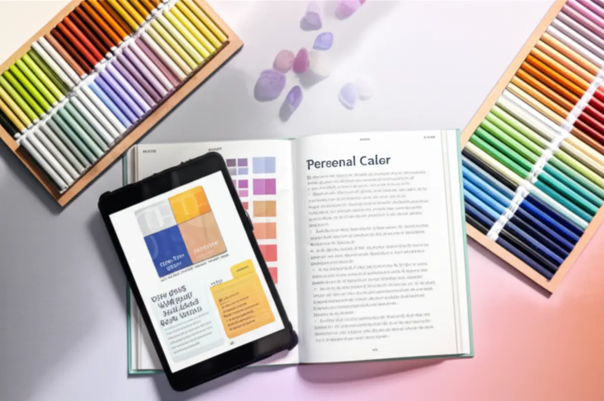 사계절-퍼스널컬러-타입별-색상-견본과-퍼스널컬러-이론서가-함께-배치된-모습