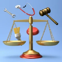 다양한-직업을-상징하는-도구들이-공정한-판단의-저울-주위에-떠다니는-귀여운-3D-이미지