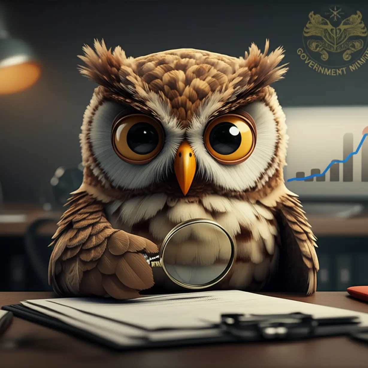 A-wise-owl-in-a-government-office,-reviewing-employment-documents,-representing-the-role-of-a-civil-servant-vocational-counselor.
