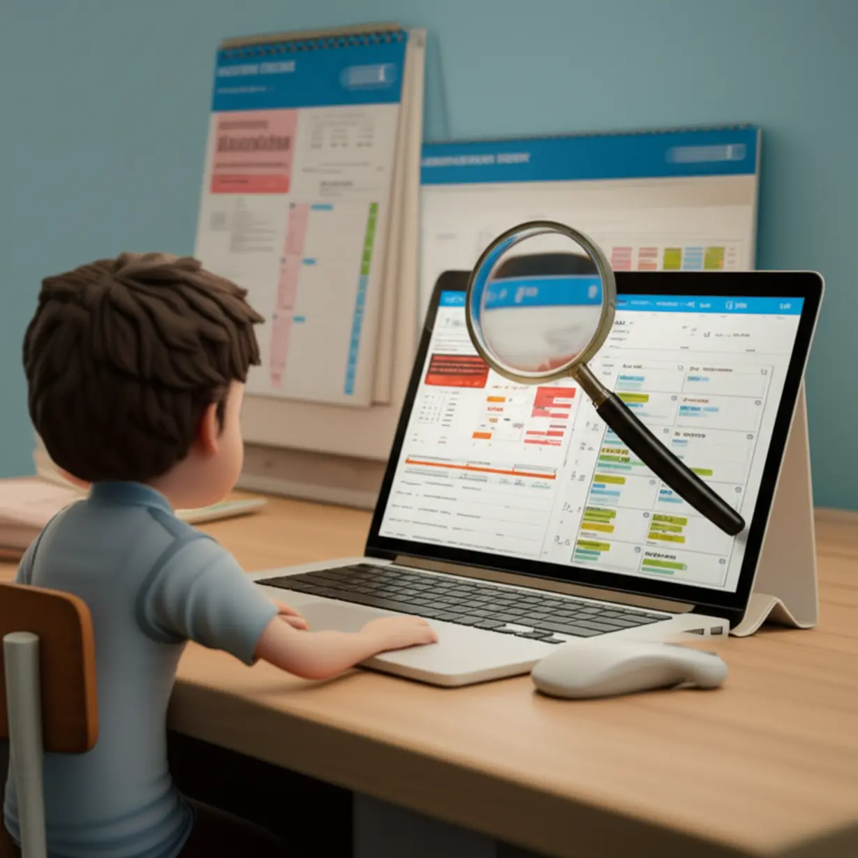 A-3D-illustration-of-a-student-reviewing-university-admission-schedules-and-academic-results,-symbolizing-the-process-of-applying-to-higher-education.