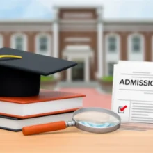A-3D-illustration-showing-a-university-campus,-graduation-cap,-books,-and-an-admission-document,-symbolizing-academic-journey-and-career-success.