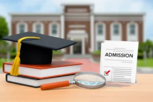 A-3D-illustration-showing-a-university-campus,-graduation-cap,-books,-and-an-admission-document,-symbolizing-academic-journey-and-career-success.