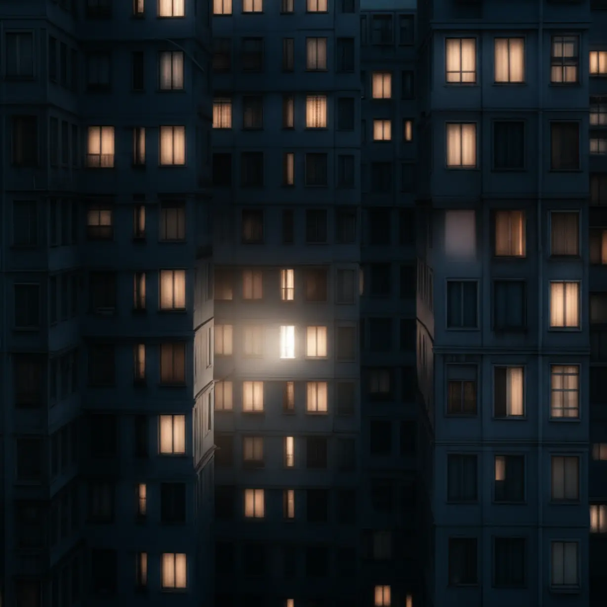 A-3D-image-of-an-urban-skyline-at-twilight,-with-individual-windows-representing-hidden-lives,-and-a-single-light-beam-symbolizing-loneliness.-The-scene-is-contemplative-and-peaceful.