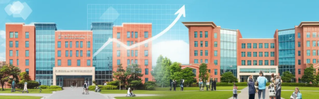 A-3D-illustration-showing-two-distinct-university-campuses-(Yeongdong-and-Asan)-with-students,-alongside-a-rising-employment-rate-graph,-representing-Uwon-University