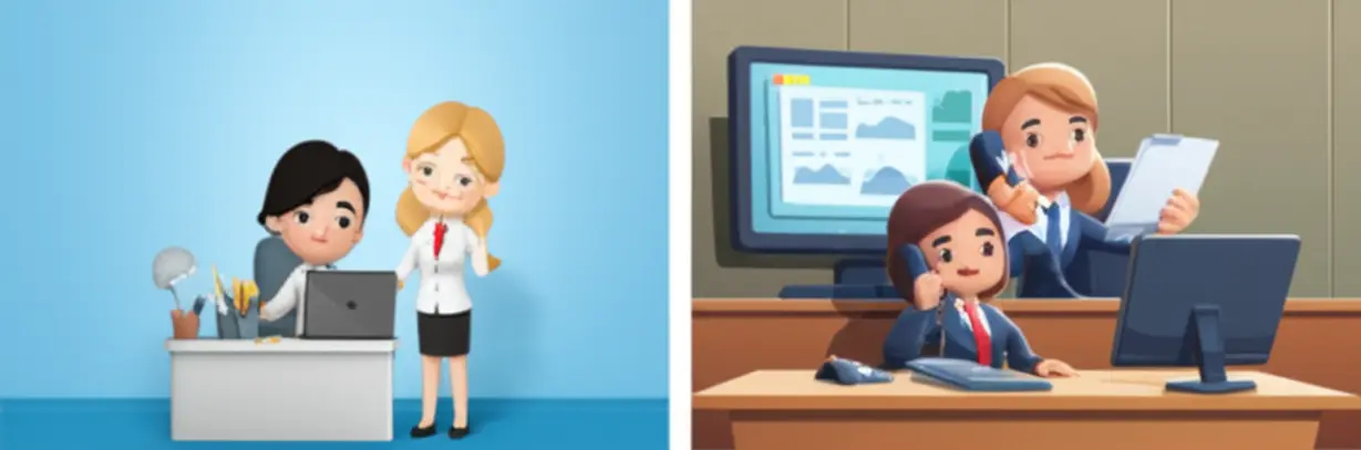 직업상담사2급과-직업상담직-공무원의-업무-차이를-보여주는-3D-이미지.-한쪽은-상담-업무,-다른-한쪽은-행정-업무를-처리하고-있다.
