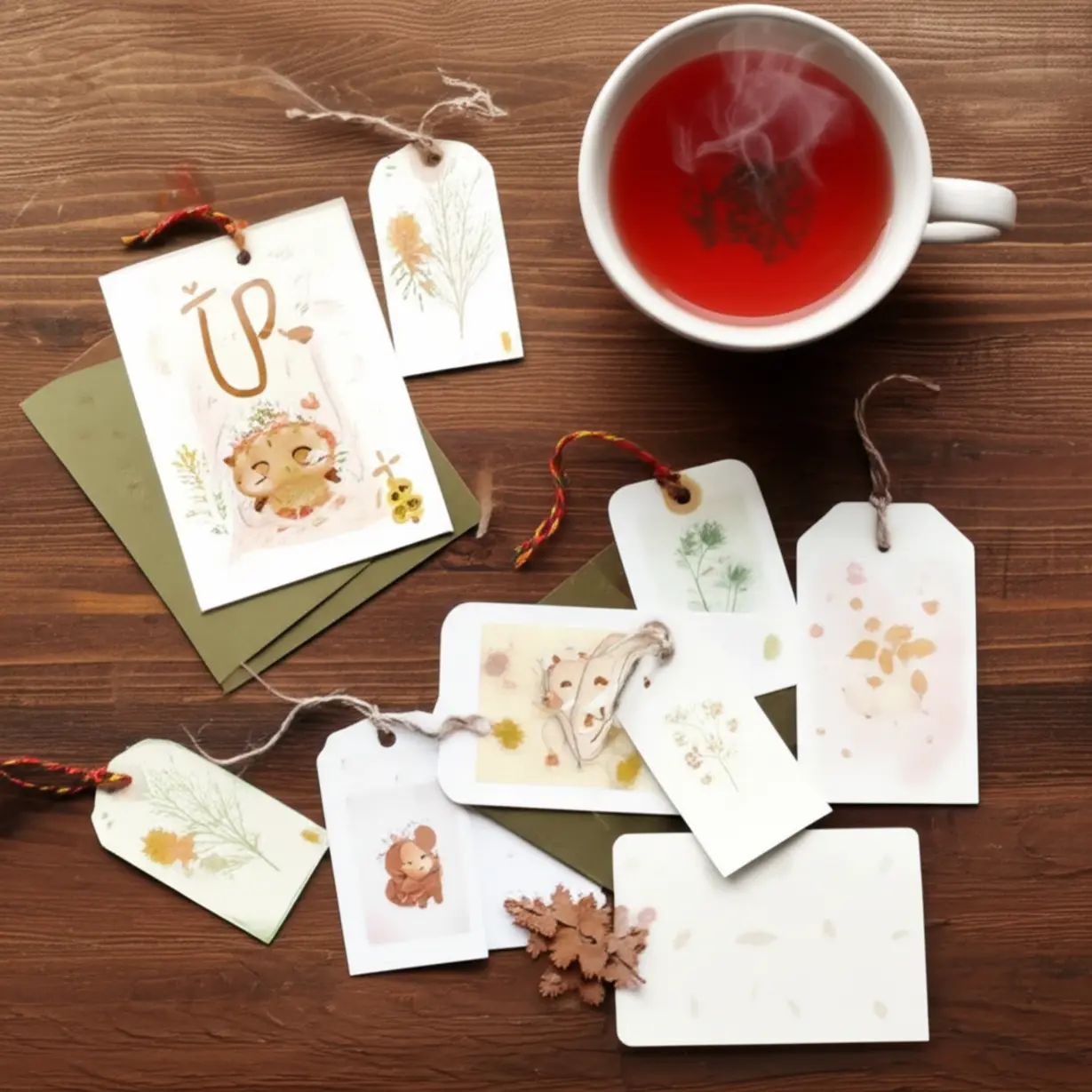 Cute-3D-stylized-cards,-gift-tags,-and-a-warm-cup-in-an-autumn-setting.