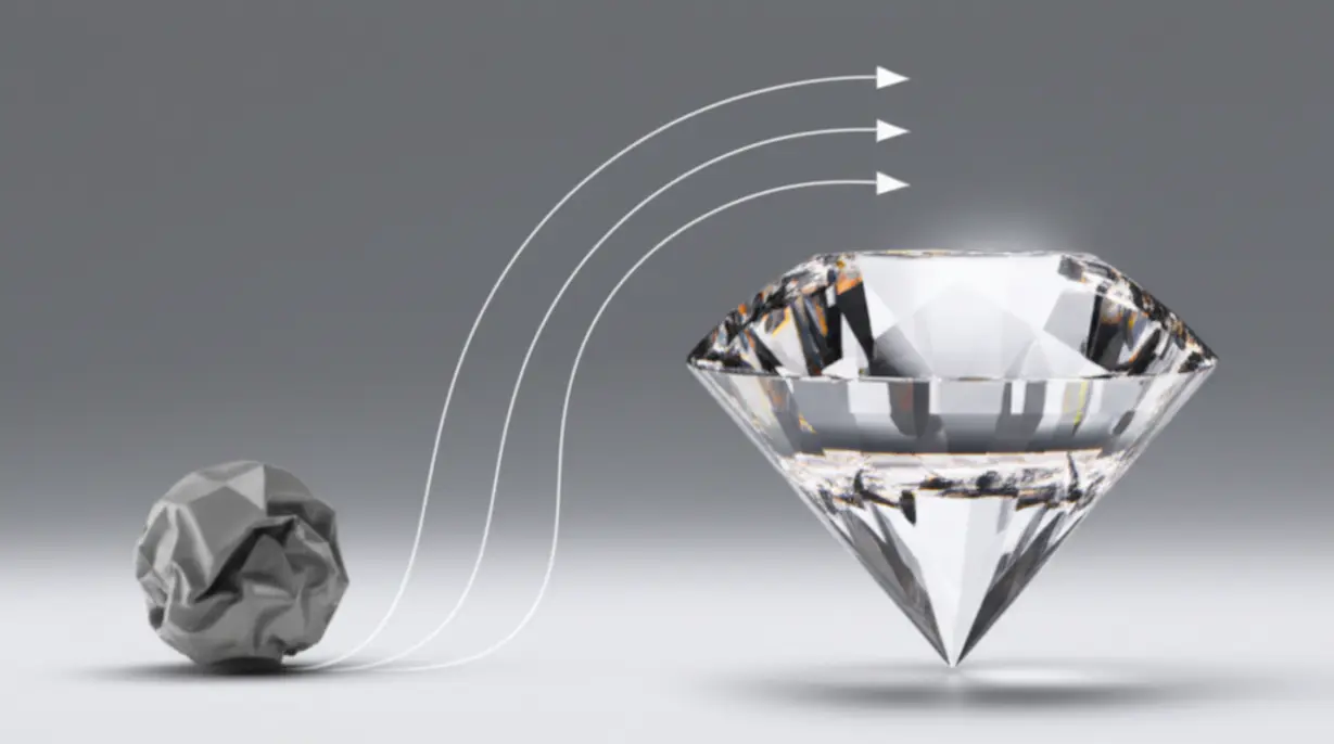 약점이-강점으로-변모하는-과정을-나타내는-귀여운-3D-이미지.-작고-찌그러진-회색-구슬이-점차-펼쳐지고-빛나며-여러-면을-가진-빛나는-보석으로-변해가는-모습이-부드러운-선과-화살표로-표현되어-있습니다.