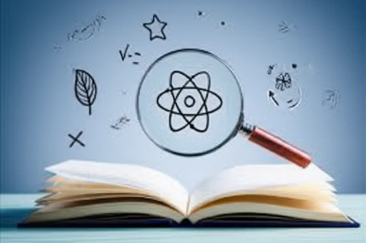 Cute-3D-magnifying-glass-over-a-book-with-scientific-symbols,-representing-fundamental-scientific-inquiry.