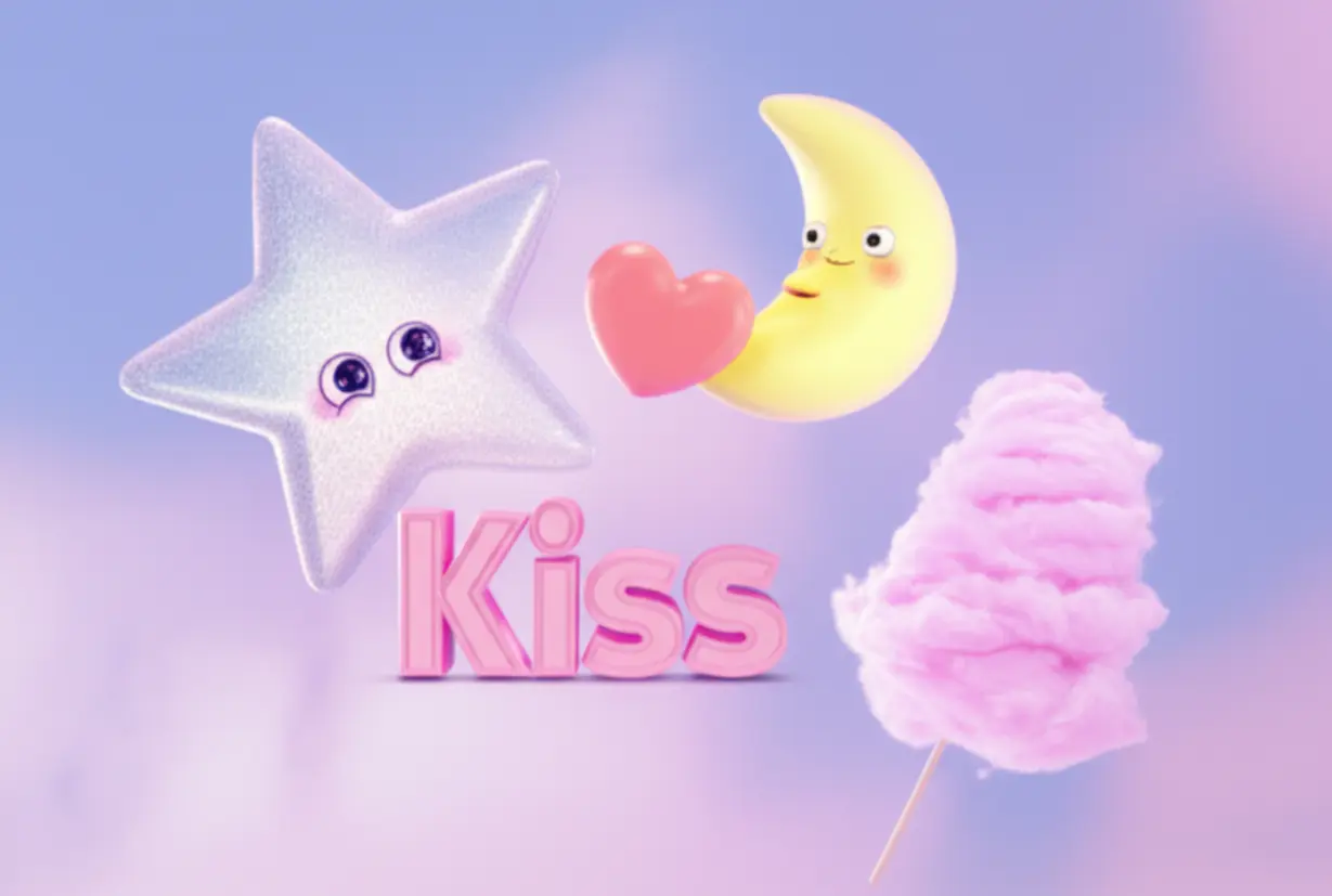 Four-letter-English-words-like-Cute,-Baby,-Moon,-Pink-depicted-as-charming-3D-objects-in-a-dreamy-pastel-setting.