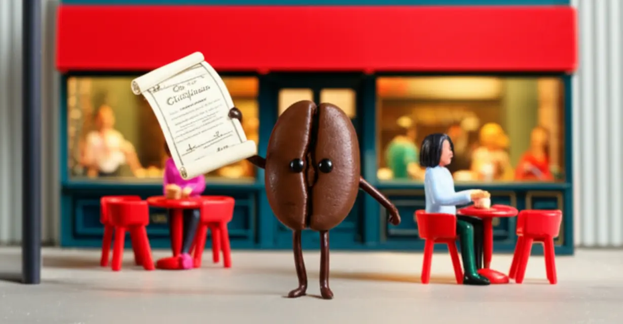 A-cute-3D-coffee-bean-character-holding-a-barista-certificate-in-front-of-a-cafe,-symbolizing-the-importance-of-certification-for-cafe-professionalism.