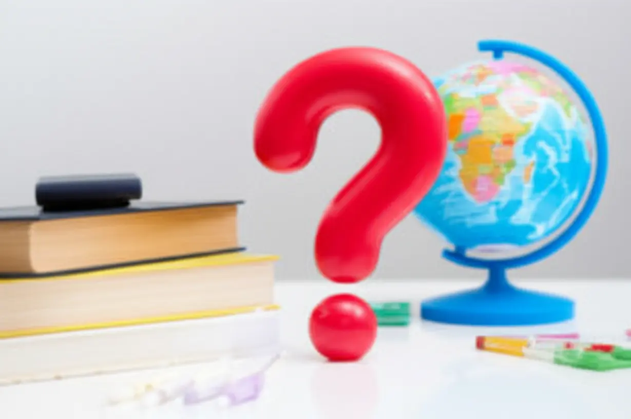 A-cute-3D-image-illustrating-a-quiz-with-a-question-mark,-globe,-and-books-on-a-desk.