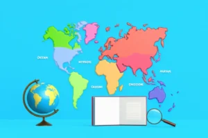 A-cute-3D-image-of-a-vibrant-world-map-surrounded-by-learning-tools-like-a-globe-and-book,-representing-the-Five-Oceans-and-Six-Continents.