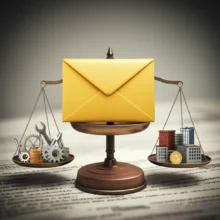 A-3D-illustration-of-a-yellow-envelope-on-a-scale,-symbolizing-the-balance-between-labor-rights-and-corporate-interests,-with-gears-on-one-side-and-factory-buildings-on-the-other.