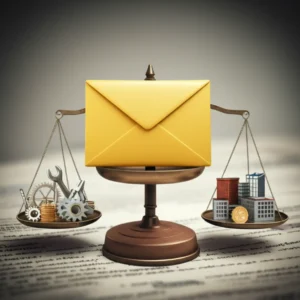 A-3D-illustration-of-a-yellow-envelope-on-a-scale,-symbolizing-the-balance-between-labor-rights-and-corporate-interests,-with-gears-on-one-side-and-factory-buildings-on-the-other.