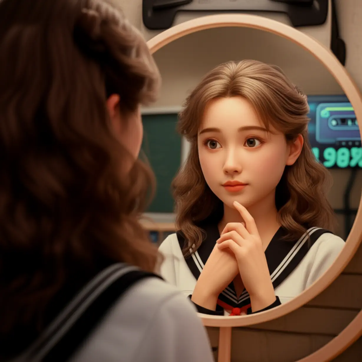 A-3D-rendering-of-a-high-school-girl-with-wavy-hair-contemplating-her-reflection-in-a-mirror,-surrounded-by-subtle-1998-era-nostalgic-elements.