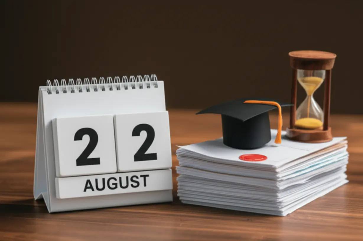 A-calendar-showing-August-2nd-with-documents-and-a-graduation-cap,-representing-exam-dates-and-requirements.
