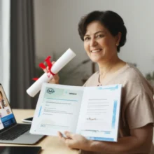 A-cute-3D-illustration-of-a-housewife-achieving-an-online-degree,-smiling-confidently-with-a-laptop.