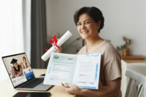 A-cute-3D-illustration-of-a-housewife-achieving-an-online-degree,-smiling-confidently-with-a-laptop.