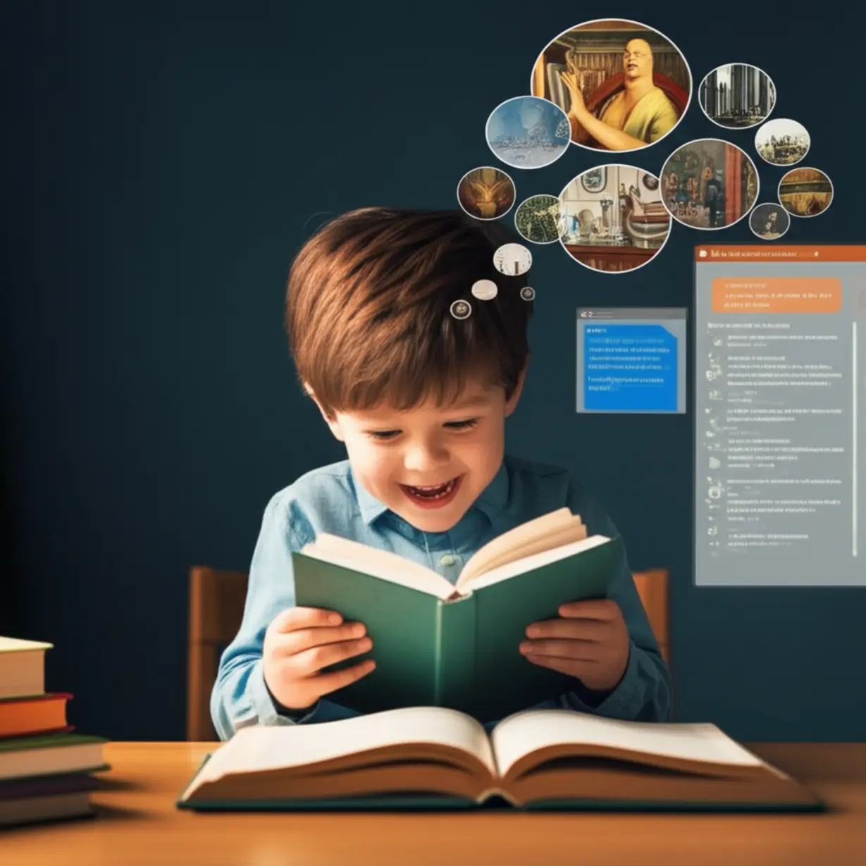A-3D-cute-image-of-a-student-reading-a-book-and-writing-an-essay-with-AI-guidance,-showing-thought-bubbles-and-recommended-books.