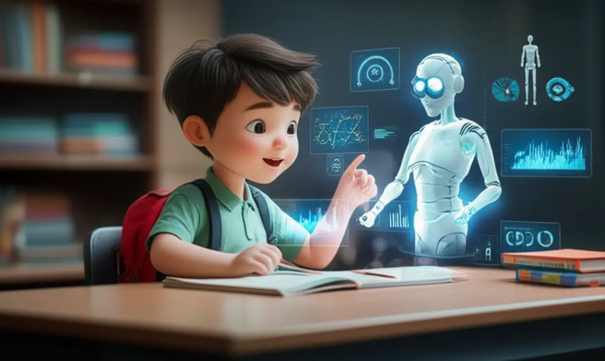 A-3D-cute-image-of-a-student-learning-Korean-with-an-AI-tutor-projecting-custom-problems-and-showing-learning-progress-data.