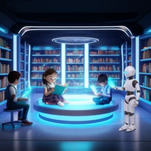 A-futuristic-classroom-scene-with-students-using-AI-tablets-and-a-robot-assistant,-emphasizing-personalized-and-innovative-education.