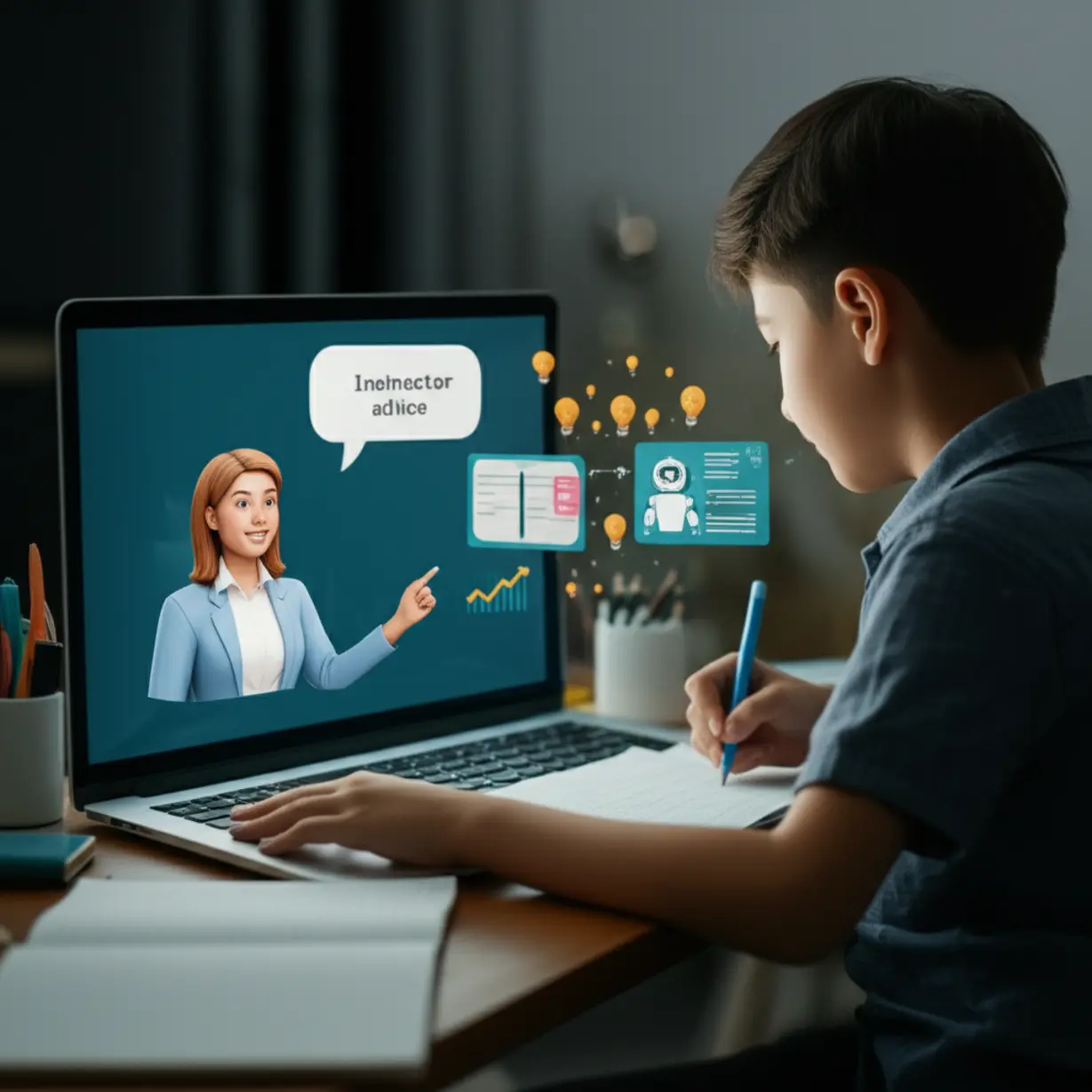 A-student-reviewing-feedback-from-both-an-instructor-and-an-AI-robot,-with-lightbulbs-and-graphs-indicating-learning-growth-and-motivation.