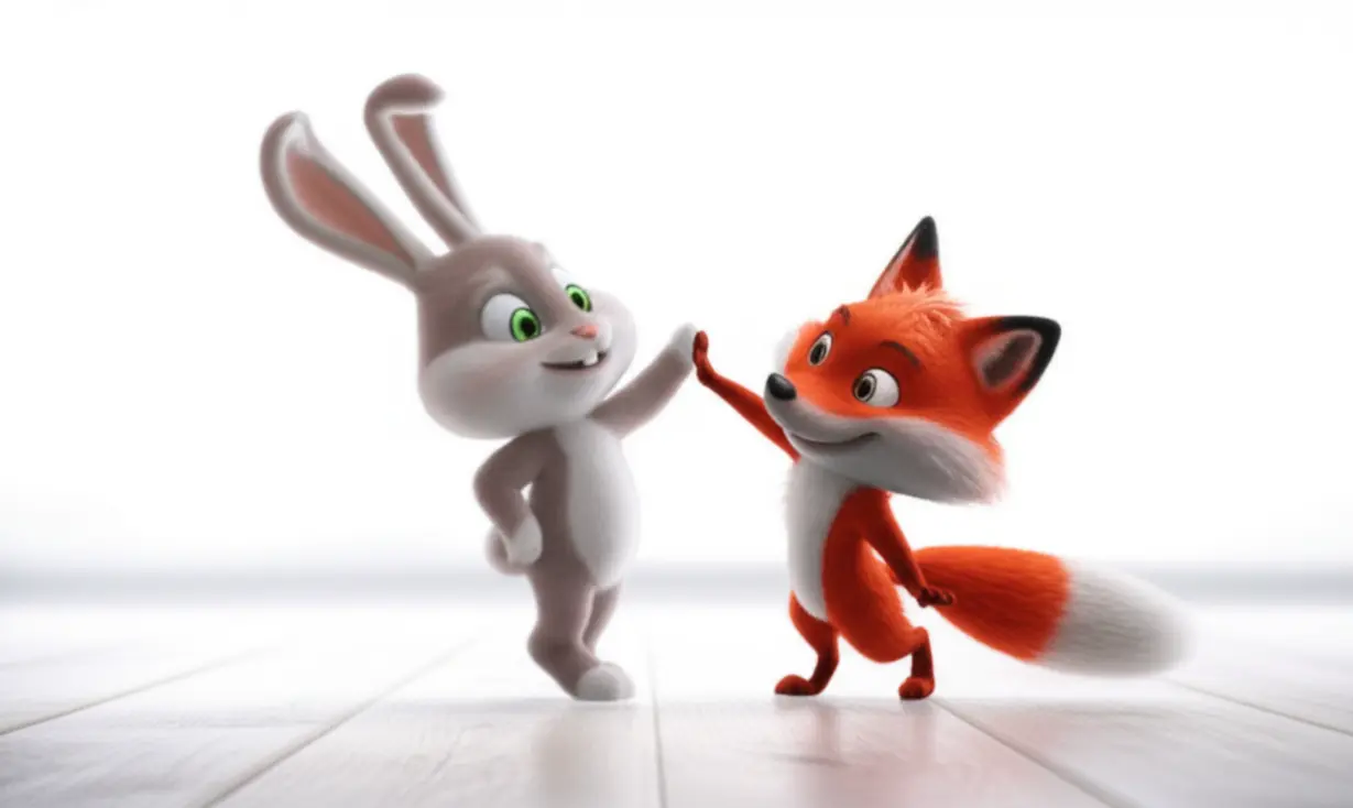 A-cartoon-rabbit-and-fox-high-fiving,-representing-