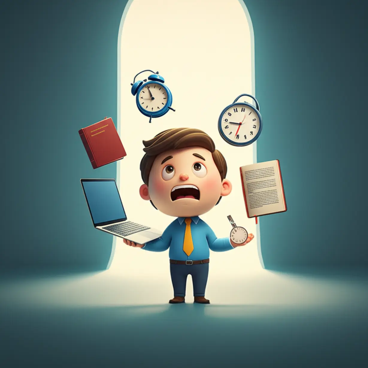 성인이-노트북,-사전,-시계를-들고-영어-공부에-어려움을-겪는-모습.-그-뒤로-밝은-해결책을-암시하는-길이-열려있음.
