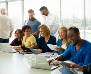 Diverse-group-of-people-happily-studying-for-social-worker-certification-on-laptops-and-tablets-in-a-community-center.