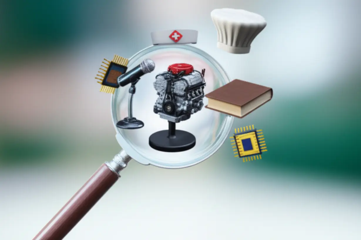 Department-symbols-around-a-magnifying-glass,-depicting-competition-analysis.