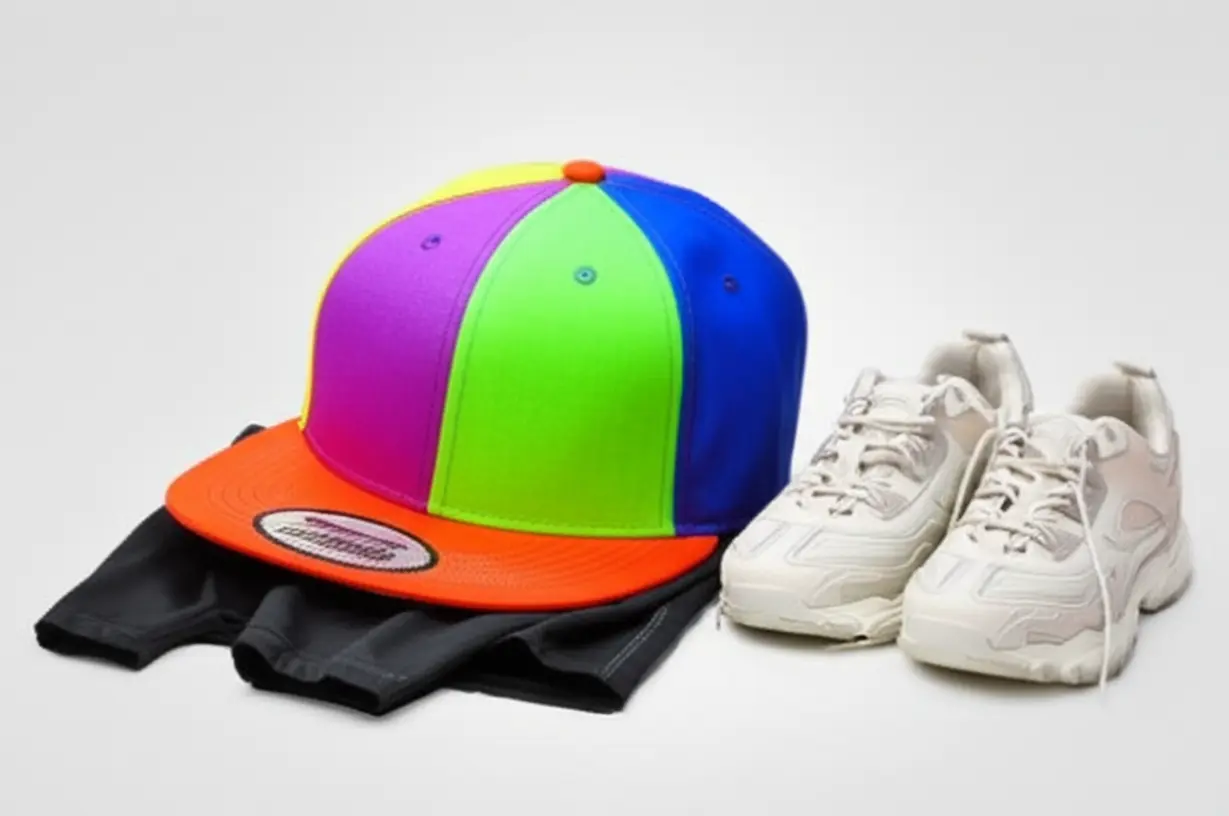 Cute-3D-image-of-mismatched-trendy-fashion-items-like-an-oversized-cap-and-tight-athletic-wear.