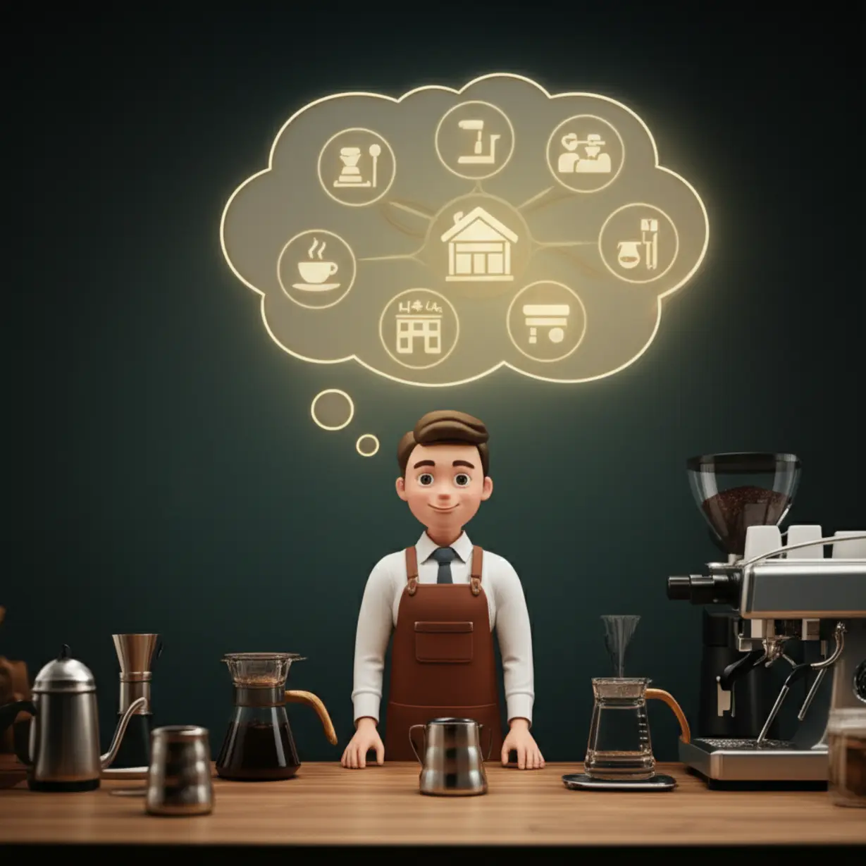 A-cute-3D-image-of-a-barista-workstation-with-a-thought-bubble-illustrating-various-career-opportunities-like-cafes,-hotels,-and-teaching.