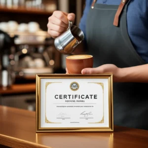 A-3D-rendering-of-a-barista-making-latte-art,-with-a-Barista-Level-2-certificate-proudly-displayed,-surrounded-by-coffee-equipment.