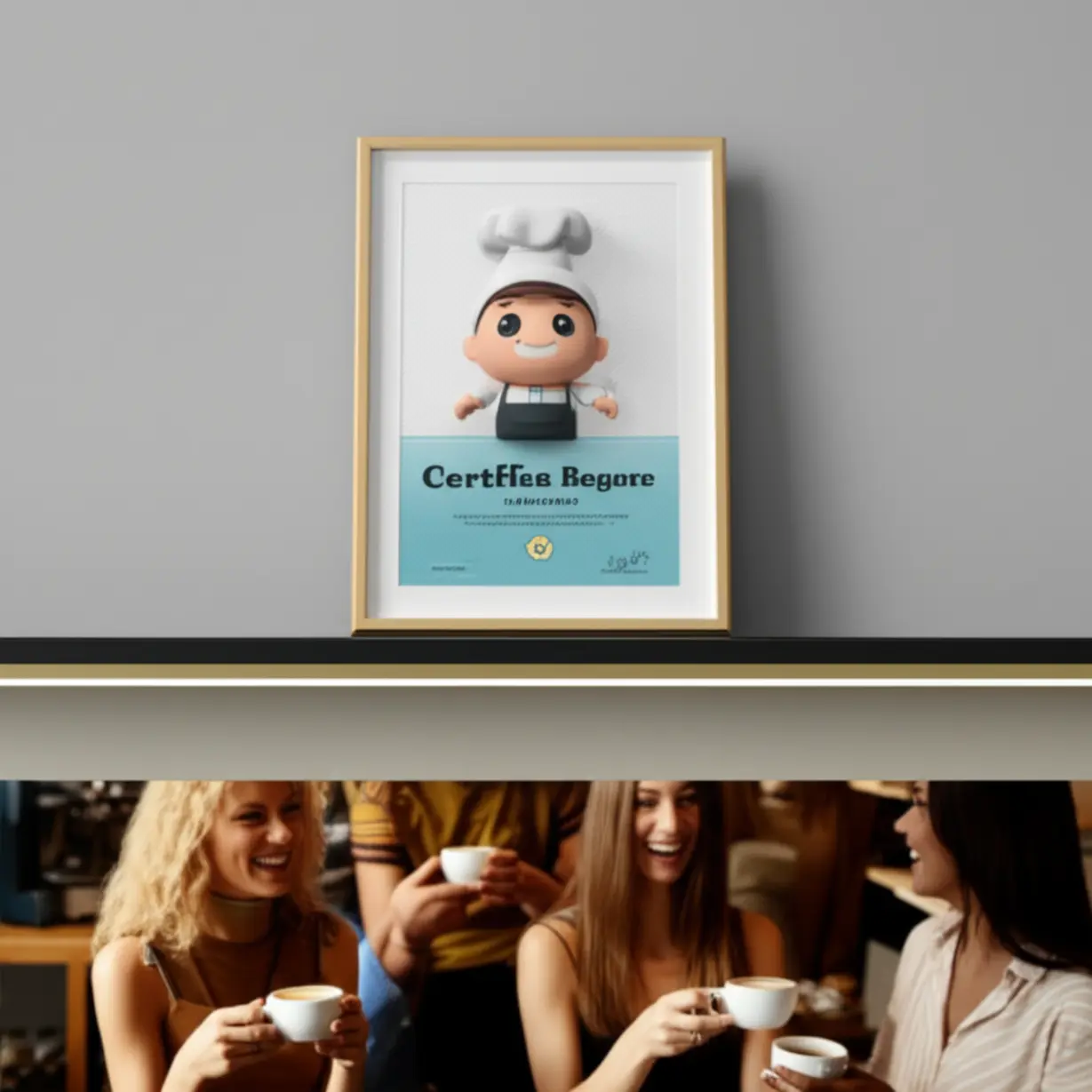 A-3D-rendering-of-a-framed-barista-certificate-on-a-shelf,-with-people-enjoying-coffee-below,-representing-accomplishment-and-future-value.