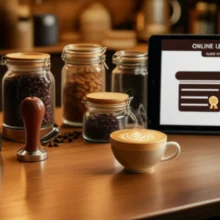A-cute-3D-illustration-of-barista-tools,-a-latte-art-coffee,-and-an-online-learning-tablet,-symbolizing-the-journey-to-obtaining-a-barista-certificate.
