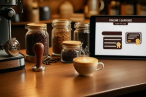 A-cute-3D-illustration-of-barista-tools,-a-latte-art-coffee,-and-an-online-learning-tablet,-symbolizing-the-journey-to-obtaining-a-barista-certificate.