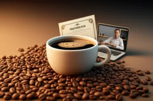 A-cute-3D-illustration-showing-elements-of-barista-certification-preparation:-a-coffee-cup,-a-certificate,-coffee-beans,-and-a-laptop-with-an-online-course.