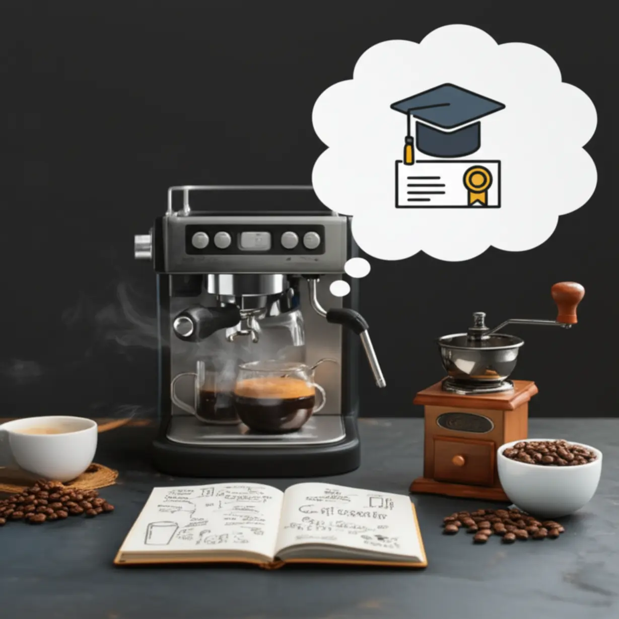 A-cute-3D-illustration-of-a-coffee-lab-setup-with-an-espresso-machine,-a-notebook,-and-a-coffee-grinder,-with-a-thought-bubble-showing-a-graduation-cap-and-certificate,-representing-exam-success-and-future-utilization.
