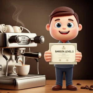 A-cute-3D-cartoon-barista-celebrating-passing-the-Level-2-certification,-with-coffee-equipment.